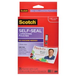 Scotch Self-Sealing Laminating Pouch, 2-4/5 x 4 Inches, Clear, Pack of 25, Item Number 1388766