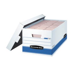 Image for Bankers Box File Storage Box with Lid, Letter Size, 10 x 12 x 24 Inches, White/Blue, Pack of 12 from School Specialty