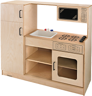 A wooden play kitchen.