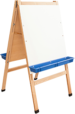 Easel with a whiteboard and storage bin on each side.