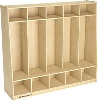 Wooden shelving unit with cubbies along the top and bottom, and room for hanging coats in the middle.