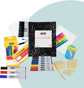 Notebook, pens, markers and other school supplies