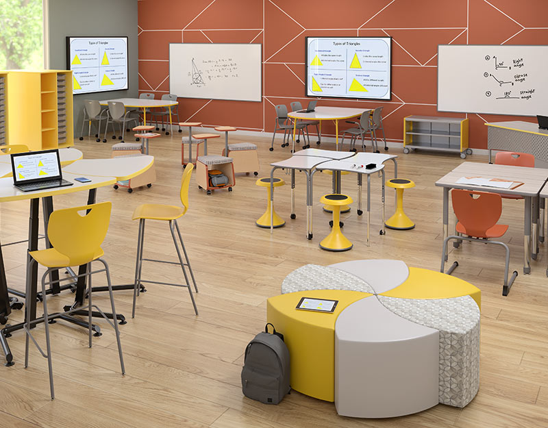 Yellow and orange modern learning environment with pod seating, counter seating, a padded circular bench, and several white boards.